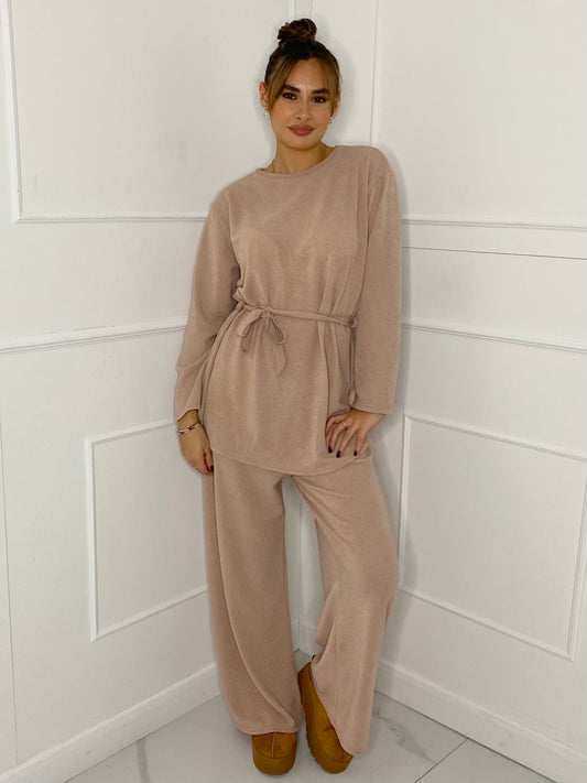 Belted Long Sleeve Top & Flares Set - Cream