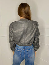 PU Leather Acid Wash Bomber Jacket - Grey