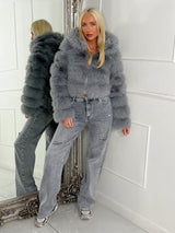 Hooded Faux Fur Tiered Jacket - Grey