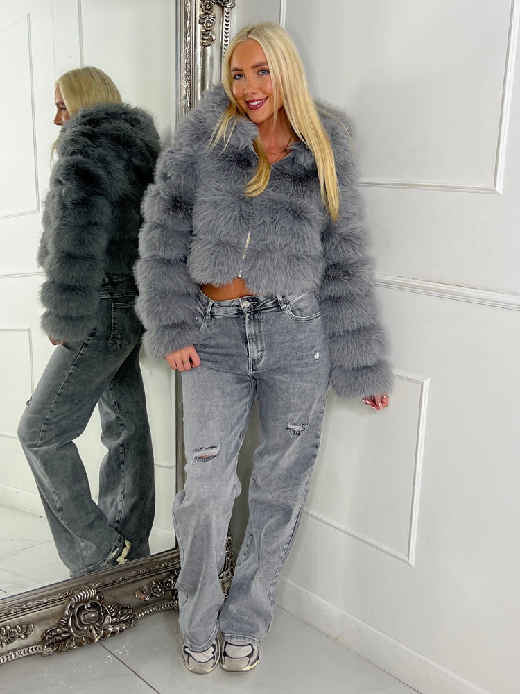 Hooded Faux Fur Tiered Jacket - Grey