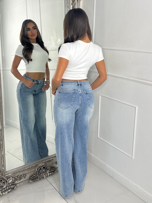 Mid Rise Full Length Wide Leg Denim Jeans - Light Wash