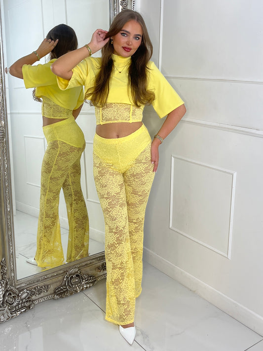 Padded Shoulder Cropped Tee With Lace Bra Underlayer & Built In Knicker Lace Flares Co-Ord - Yellow