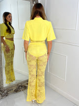 Padded Shoulder Cropped Tee With Lace Bra Underlayer & Built In Knicker Lace Flares Co-Ord - Yellow