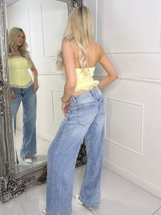 Bandeau Lace Contrast Dip Hem Corset Top - Lemon Yellow