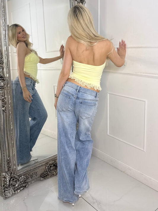 Bandeau Lace Contrast Dip Hem Corset Top - Lemon Yellow