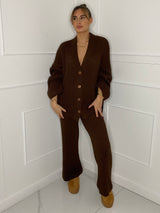 Oversized Knit Cardigan & Wide Leg Set - Brown