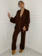Oversized Knit Cardigan & Wide Leg Set - Brown