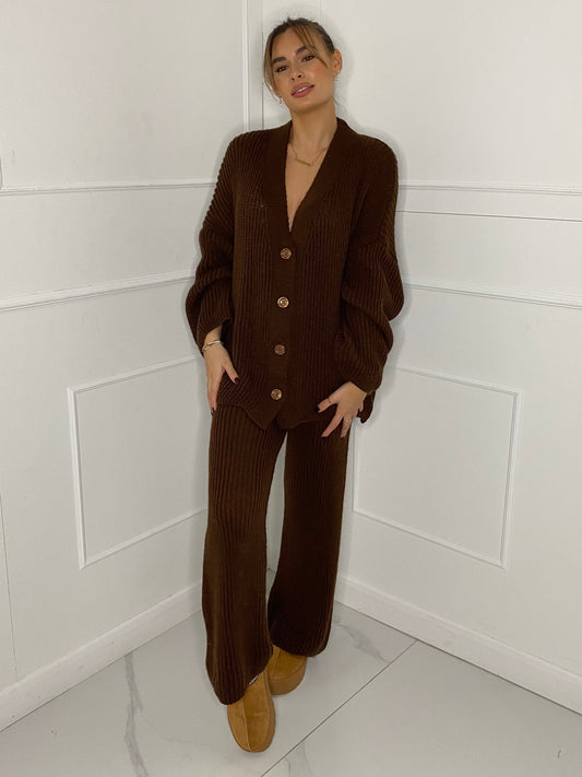 Oversized Knit Cardigan & Wide Leg Set - Brown