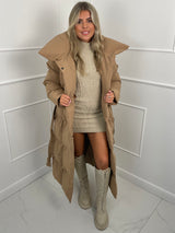 Long Belted Puffer Coat - Beige