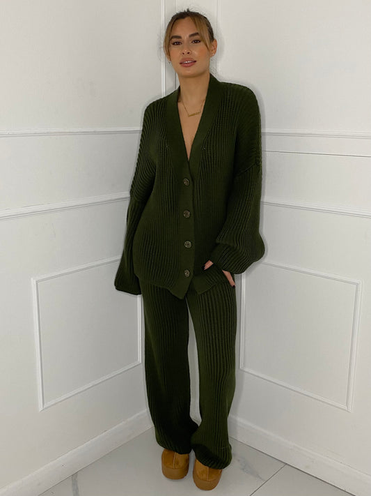 Oversized Knit Cardigan & Wide Leg Set - Green