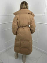 Long Belted Puffer Coat - Beige