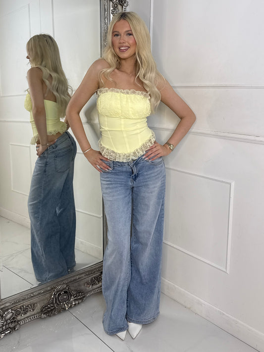 Bandeau Lace Contrast Dip Hem Corset Top - Lemon Yellow