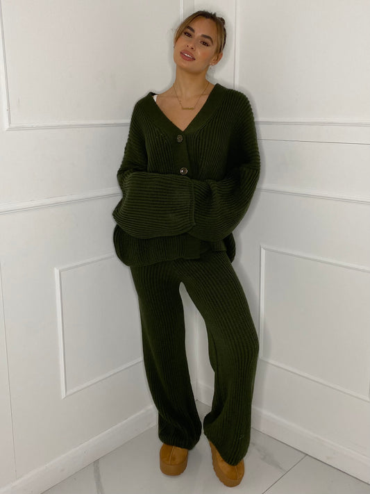 Oversized Knit Cardigan & Wide Leg Set - Green