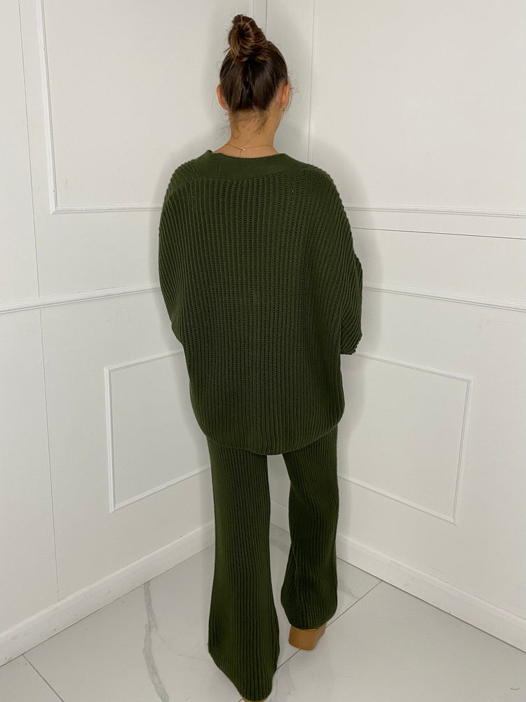 Oversized Knit Cardigan & Wide Leg Set - Green