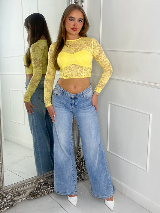 Lace Fitted Long Sleeve Top - Yellow