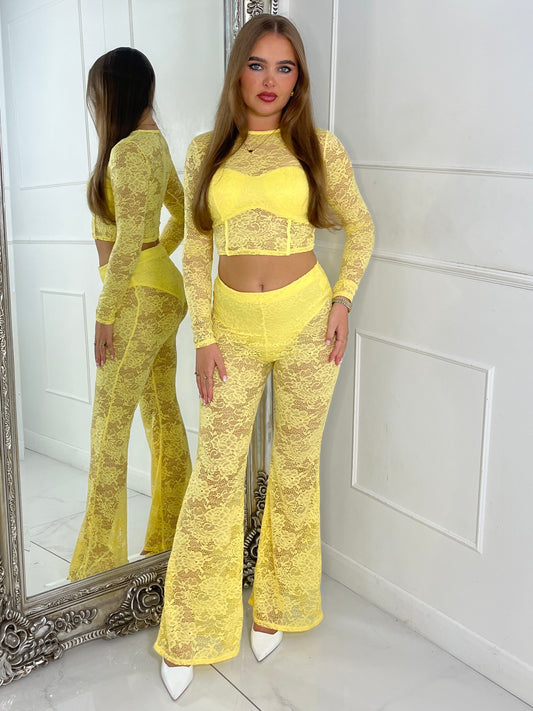 Lace Fitted Long Sleeve Top & Built In Knicker Lace Flares Co-Ord - Yellow