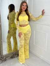 Lace Fitted Long Sleeve Top & Built In Knicker Lace Flares Co-Ord - Yellow