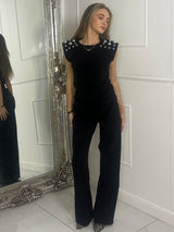 Studded Padded Shoulder Top - Black