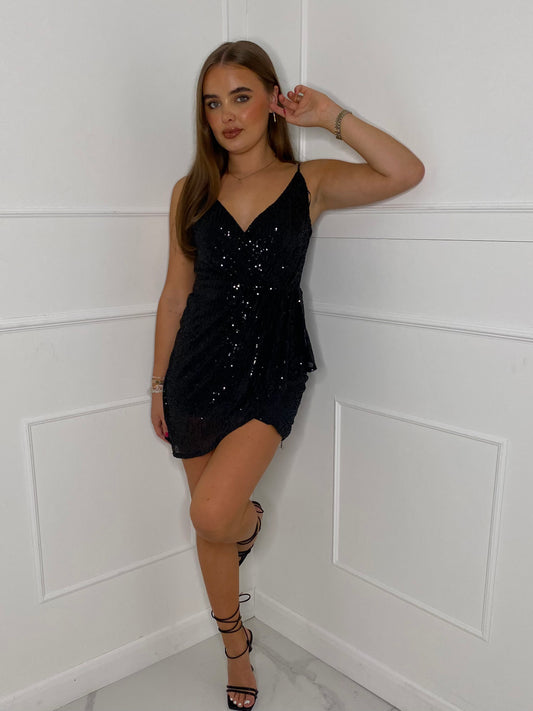 Wrap Front Sequin Dress - Black