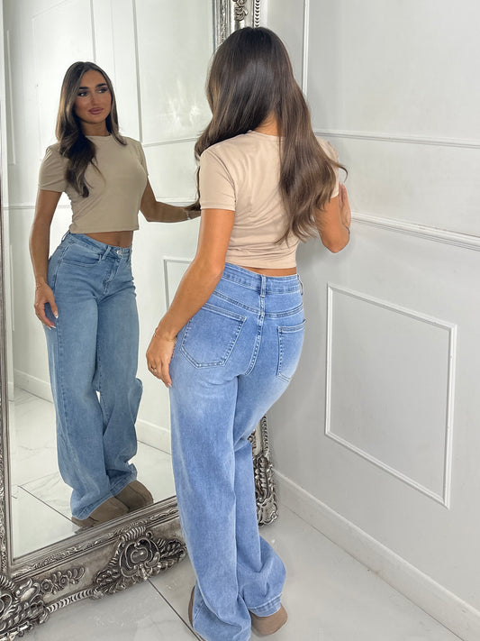 High Waist Full Length Denim Jeans - Denim Blue