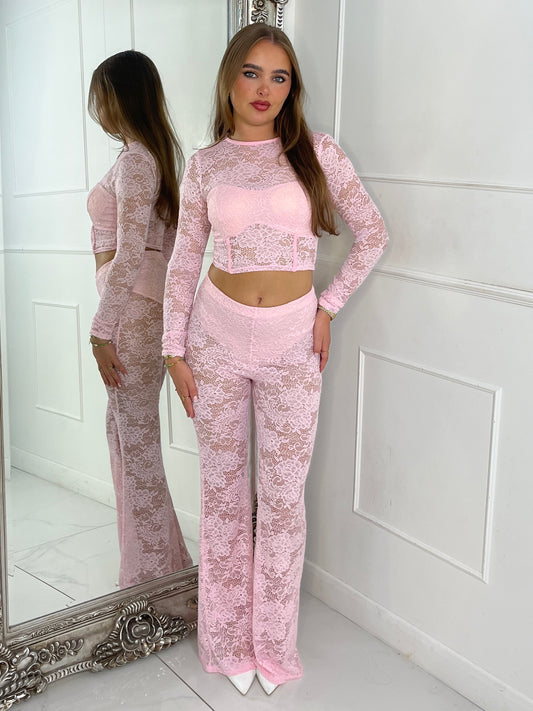Lace Fitted Long Sleeve Top & Built In Knicker Lace Flares Co-Ord -  Baby Pink