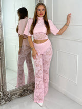 Padded Shoulder Cropped Tee With Lace Bra Underlayer & Built In Knicker Lace Flares Co-Ord - Baby Pink