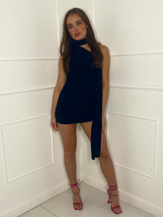 Wrap Neck Drape Dress - Black