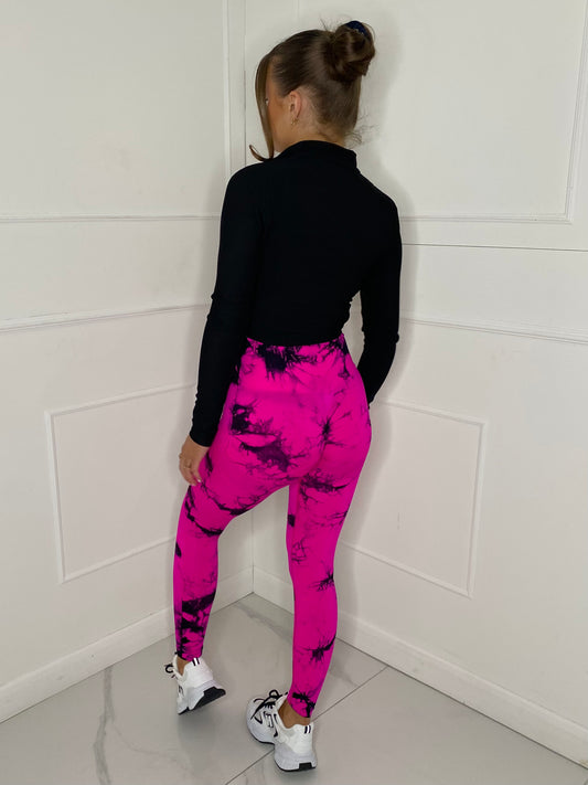 Ruched Bum Gym Leggings - Pink Tie Dye