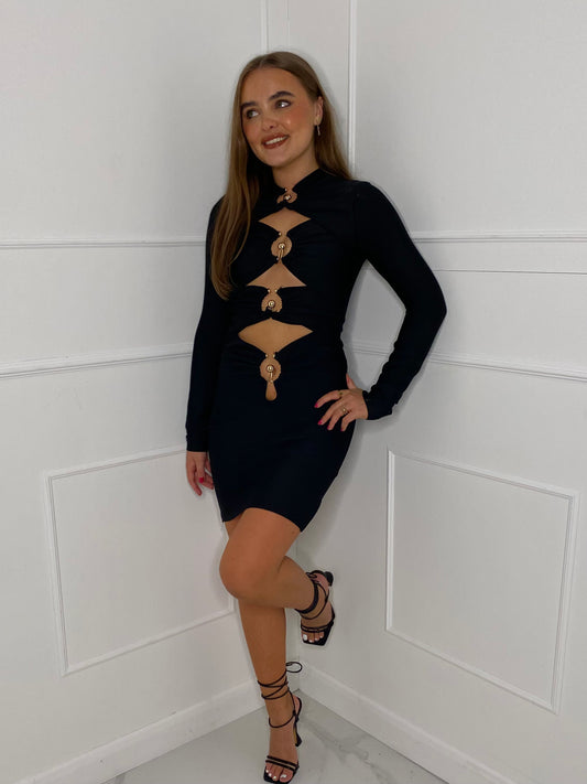 Gold Ring Detailing Cut Out Dress - Black