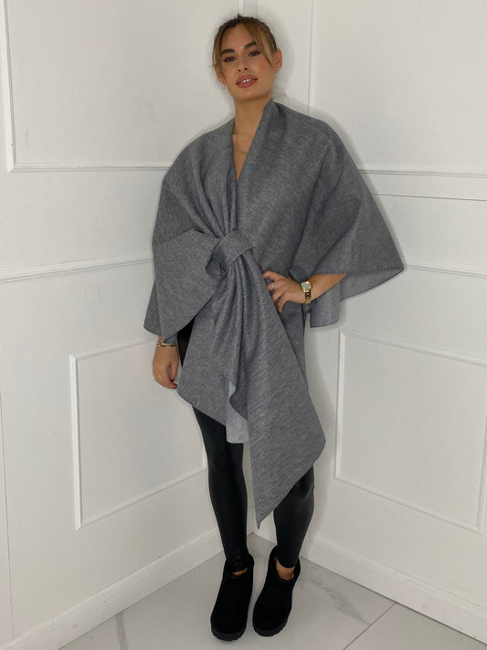 Drape Knot Detail Poncho - Grey