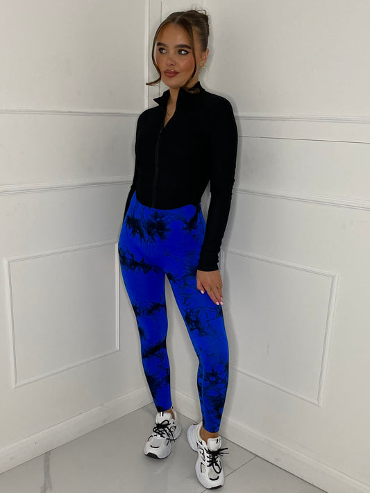 Ruched Bum Gym Leggings - Blue/Black Tie Dye