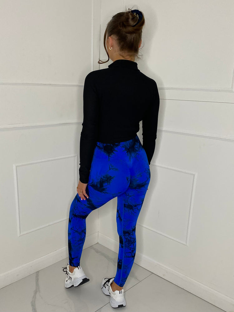 Ruched Bum Gym Leggings - Blue/Black Tie Dye