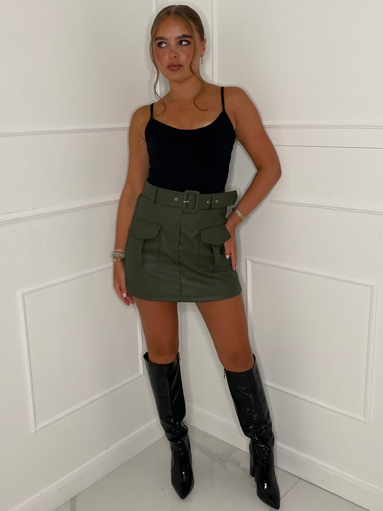 PU Leather Cargo Belted Skort - Khaki