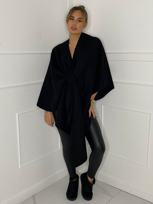 Drape Knot Detail Poncho - Black