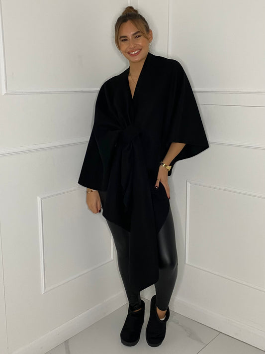 Drape Knot Detail Poncho - Black