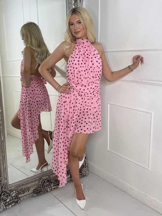 Asymmetric Backless Polka Dot Dress - Pink/Wine