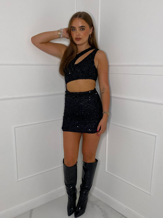 One Shoulder Cut Out Sequin Dress - Black