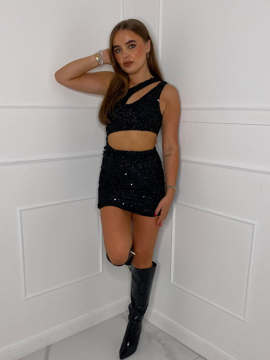 One Shoulder Cut Out Sequin Dress - Black