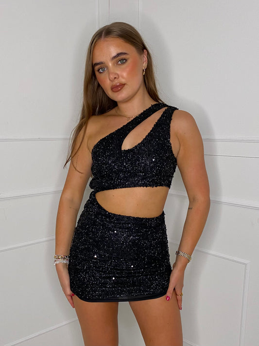 One Shoulder Cut Out Sequin Dress - Black