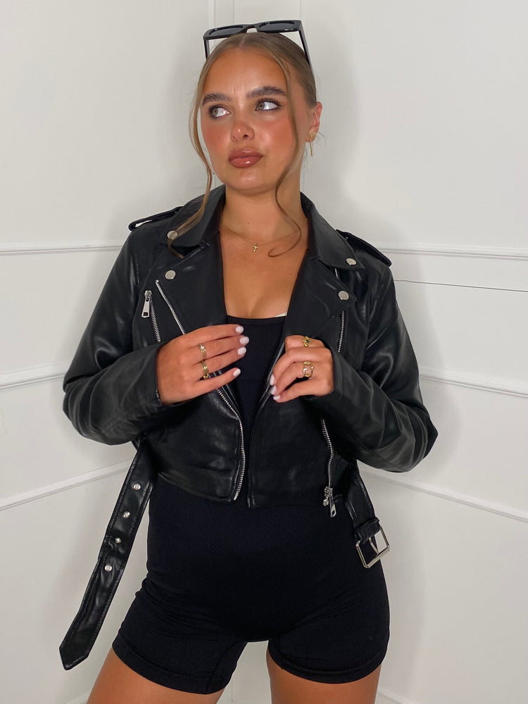 Cropped Pu Leather Jacket - Black