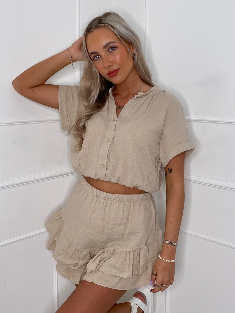 Button Up Frill Shorts Co-ord - Beige