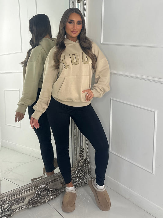 YOGA Textured Slogan Hoodie - Beige