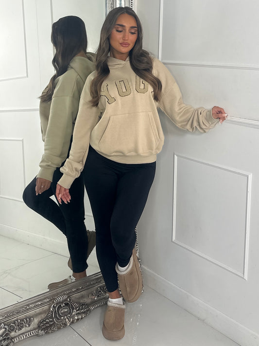 YOGA Textured Slogan Hoodie - Beige