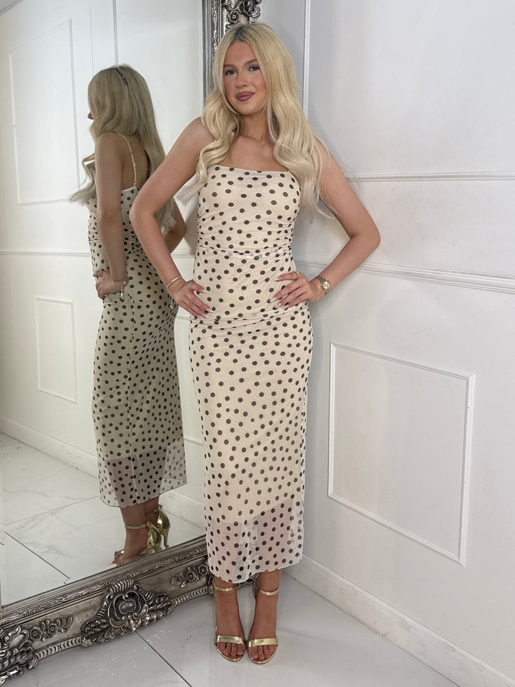 Polka Dot Midi Dress - Beige/Black