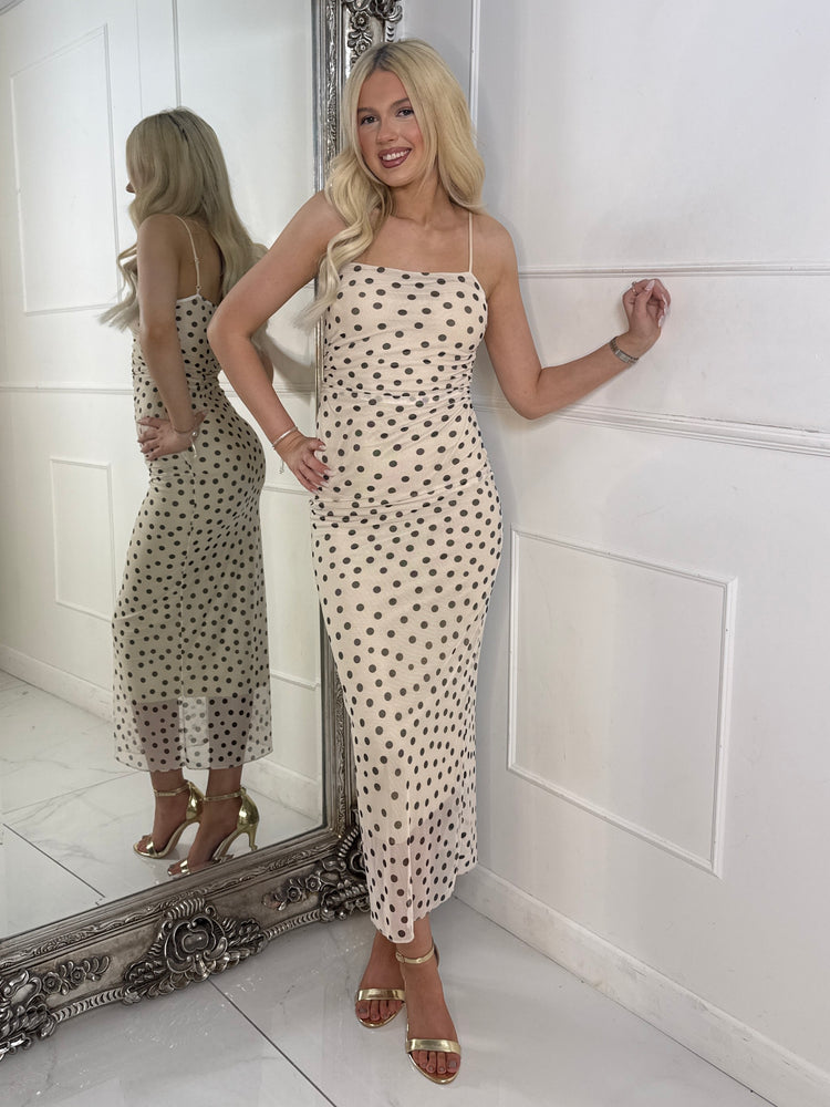 Polka Dot Midi Dress - Beige/Black