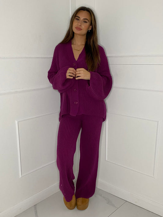 Oversized Knit Cardigan & Wide Leg Set - Purple
