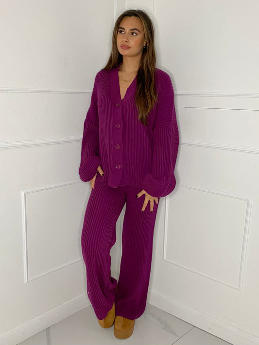 Oversized Knit Cardigan & Wide Leg Set - Purple