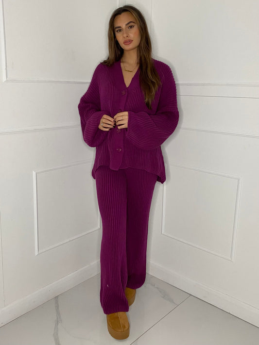 Oversized Knit Cardigan & Wide Leg Set - Purple