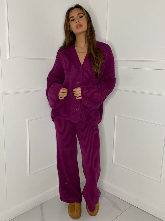 Oversized Knit Cardigan & Wide Leg Set - Purple