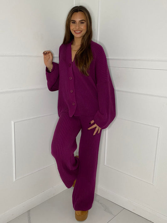 Oversized Knit Cardigan & Wide Leg Set - Purple